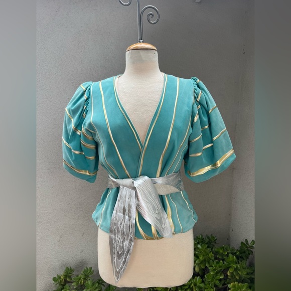 Vintage gorgeous teal suede gold silver painted jacket top belt XS Terry & Toni - Picture 1 of 13